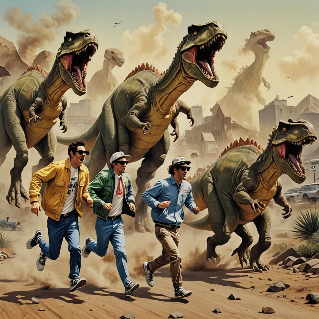 Beastie Boys Fleeing Dinosaur: Retro Comic Style
