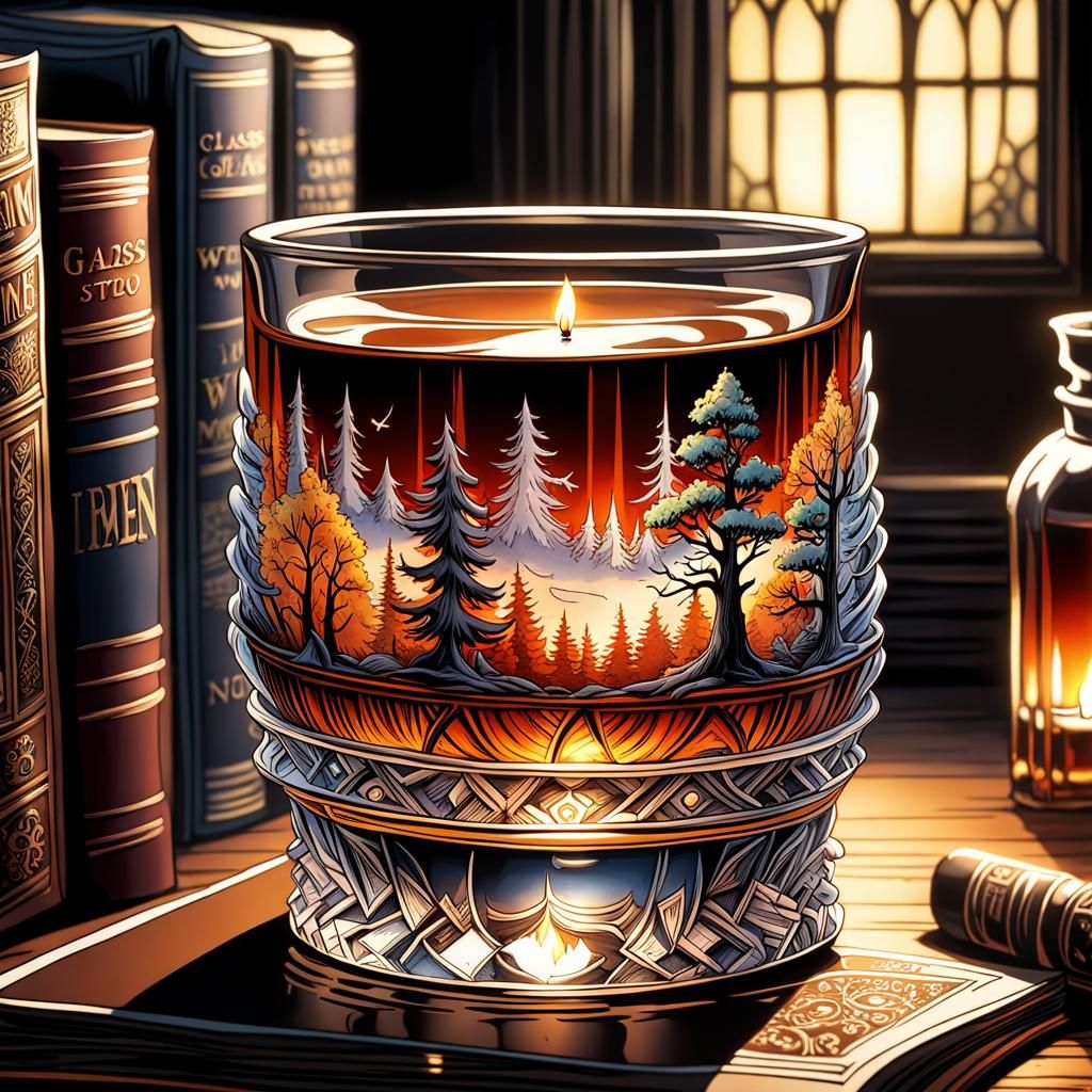 Whiskey Glass in Autumn Landscape, Watercolor Gothic Style