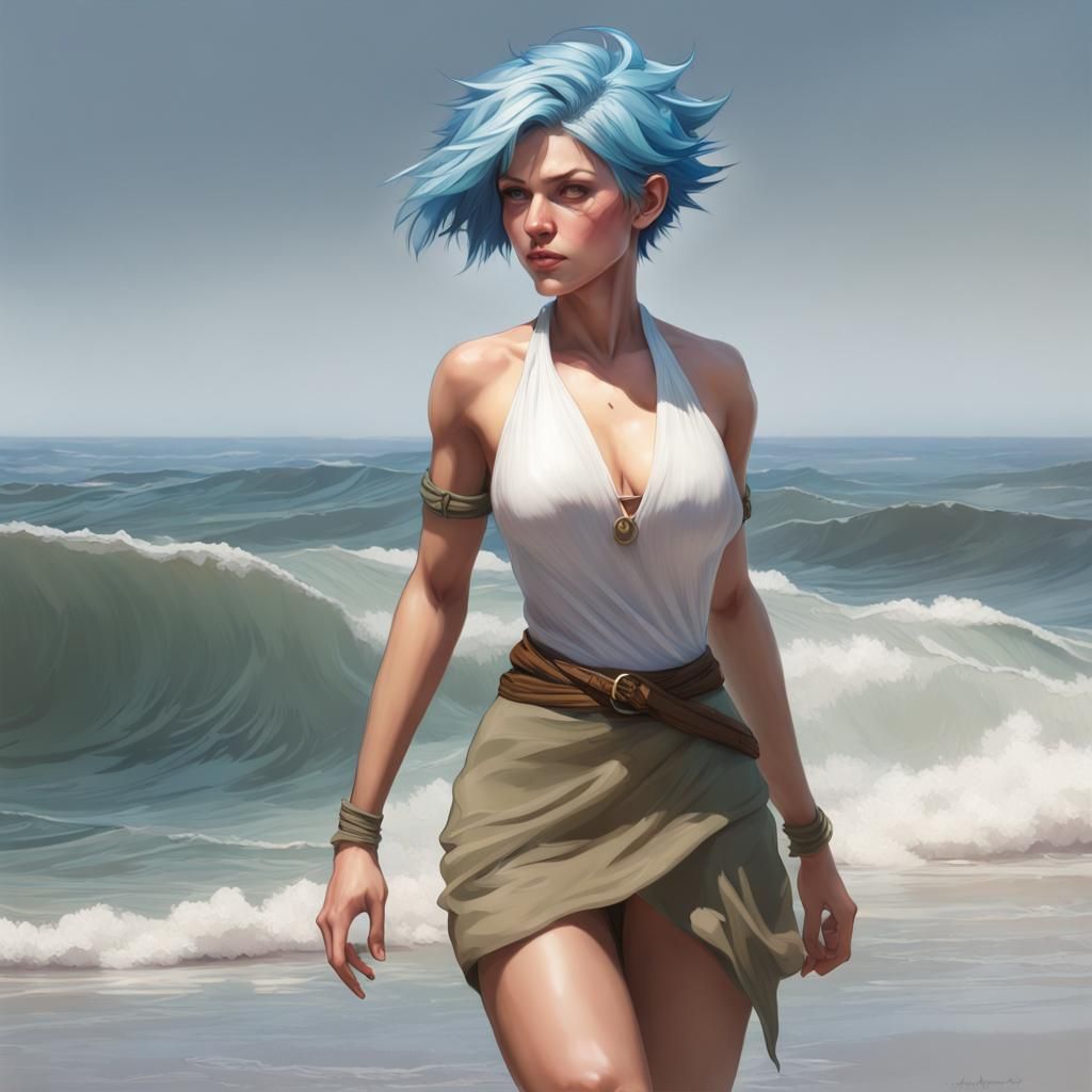 Blue-Haired Woman Walking in Surf, Detailed Digital Art