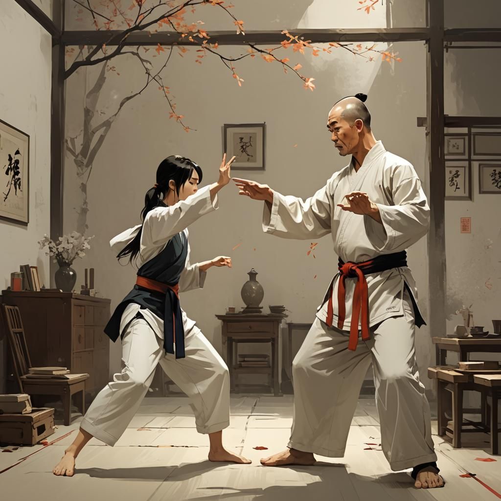 Kung Fu Master Teaching Student in Expressive Illustration
