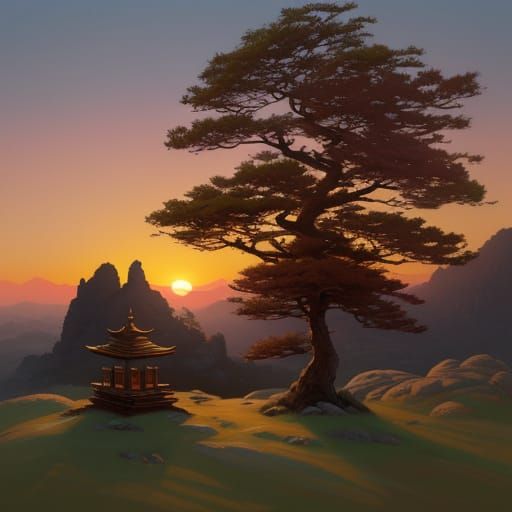 Miniature Temple at Sunset: Oil Painting