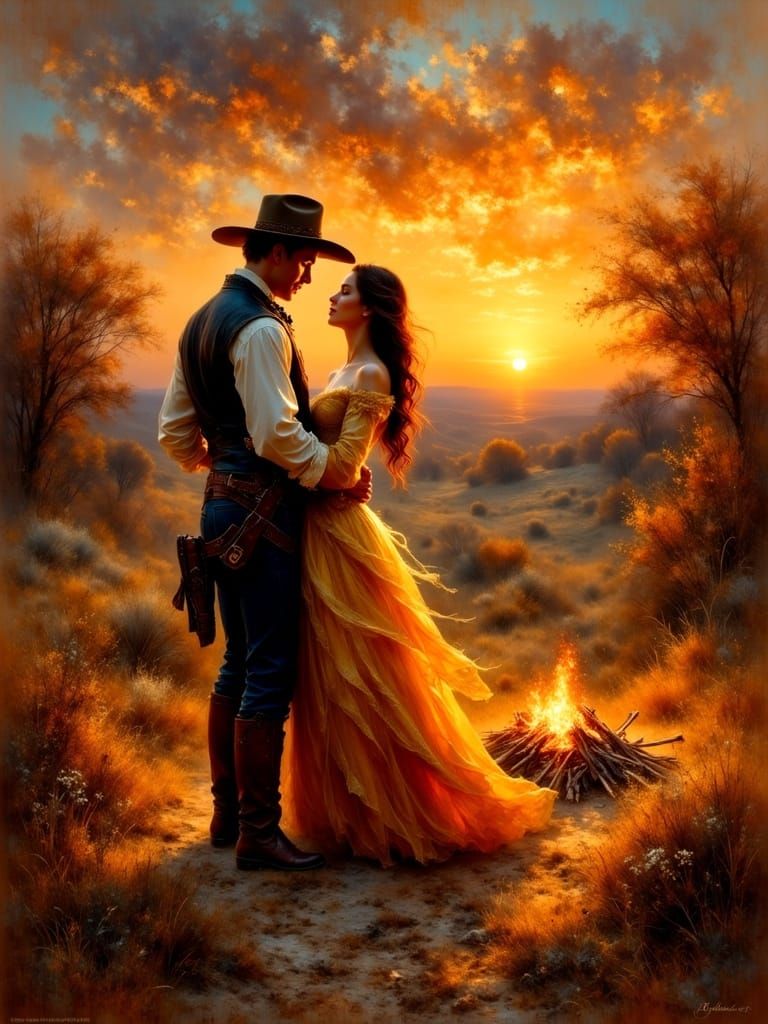 Cowboy Carries Woman to Texas Campfire at Sunset