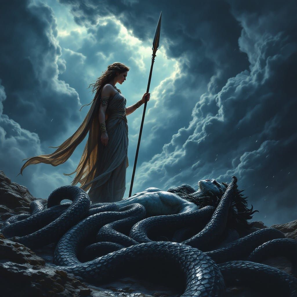 Athena Vanquishes Medusa in Epic Fantasy Scene