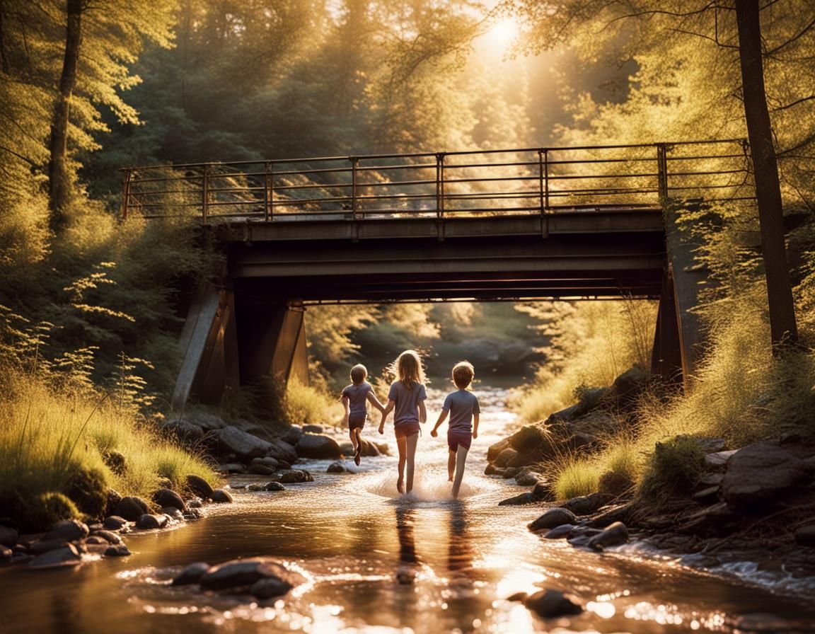 Children Play in Brook Under Bridge at Sunset