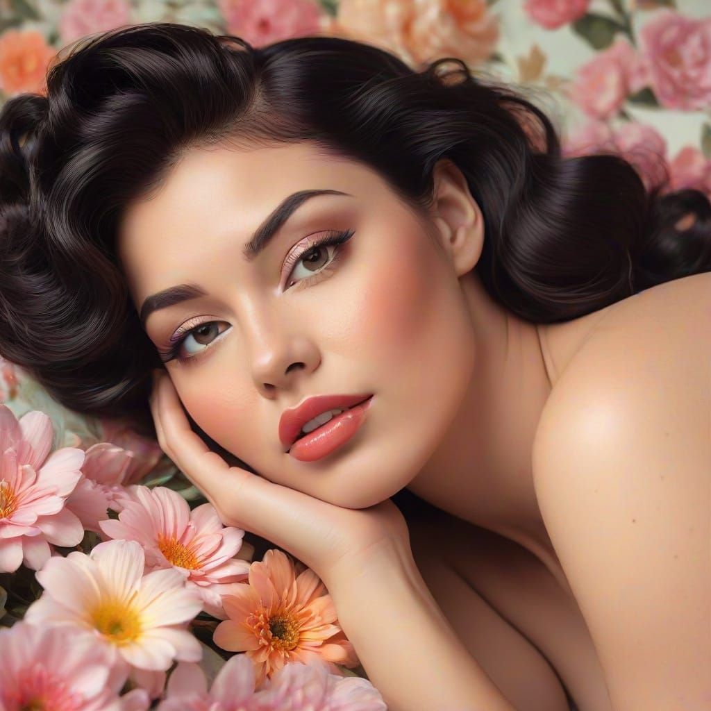 Vintage Pin-Up Model in Floral Bed: Enoch Bolles Style