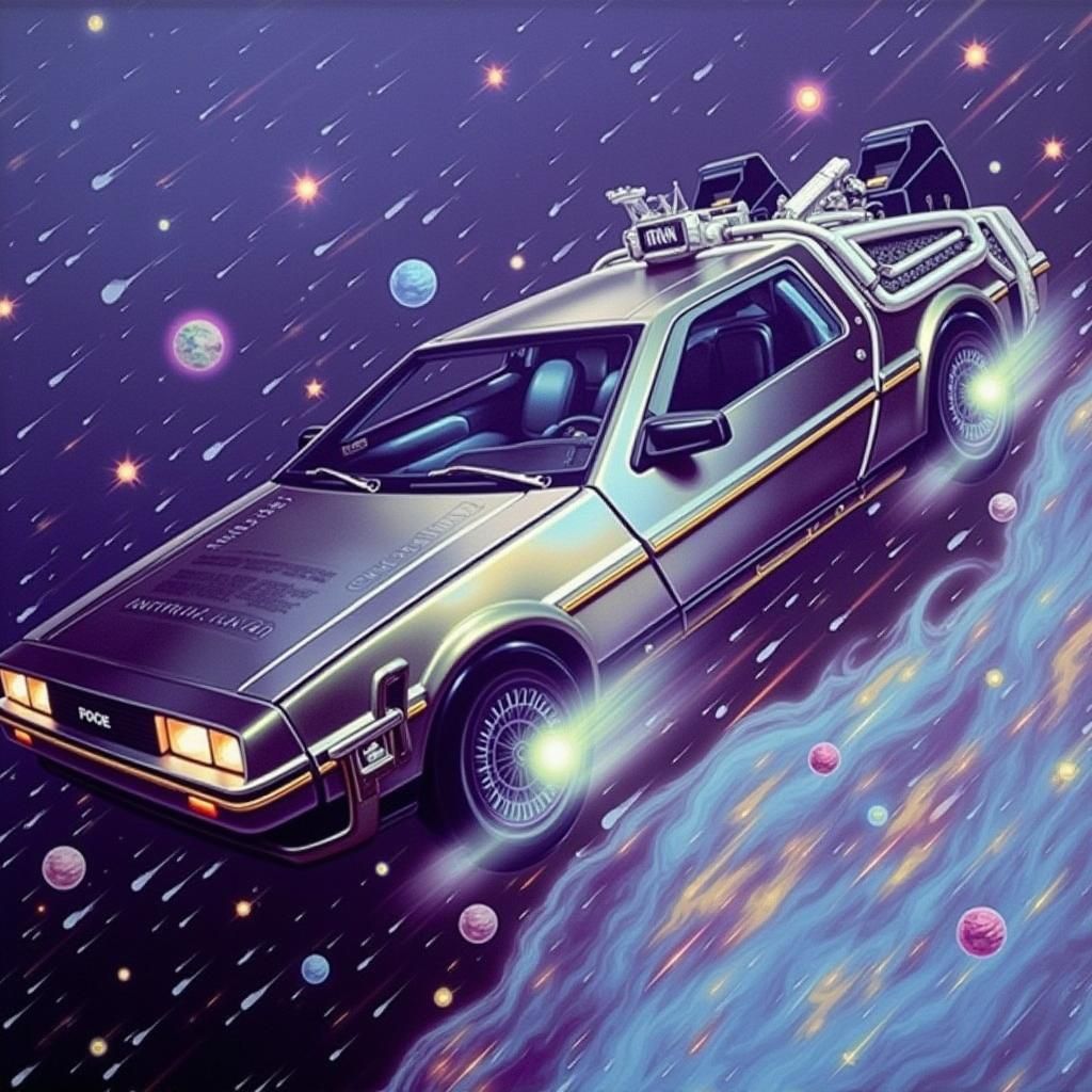 DeLorean Time Traveler Soaring Through Starry Galaxy