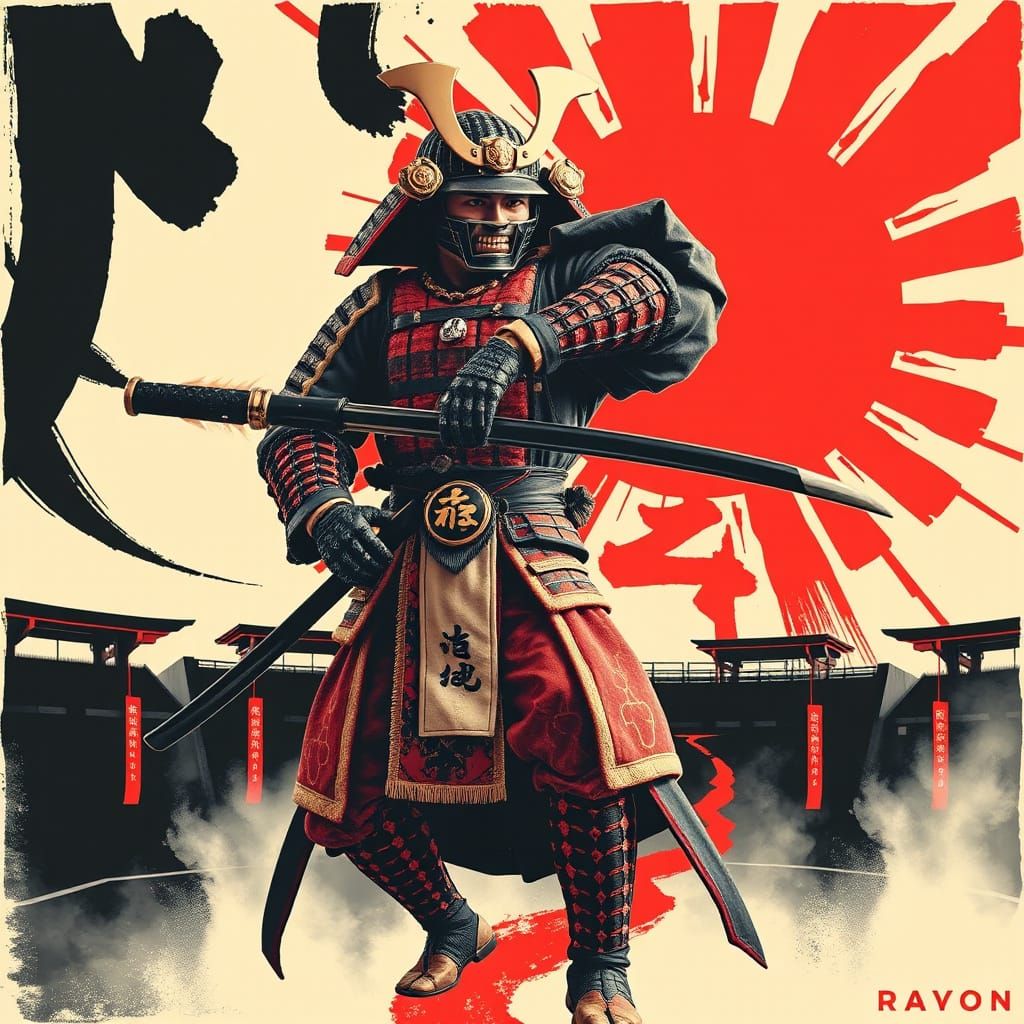 Samurai Warrior in Neo-Tokyo Arena Poster Style