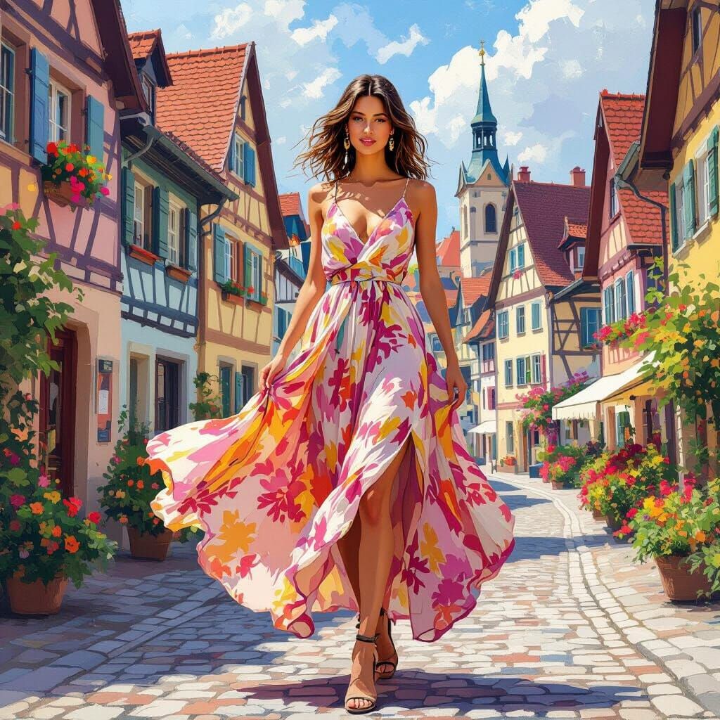 Vibrant Woman in German Town, Impressionist Style