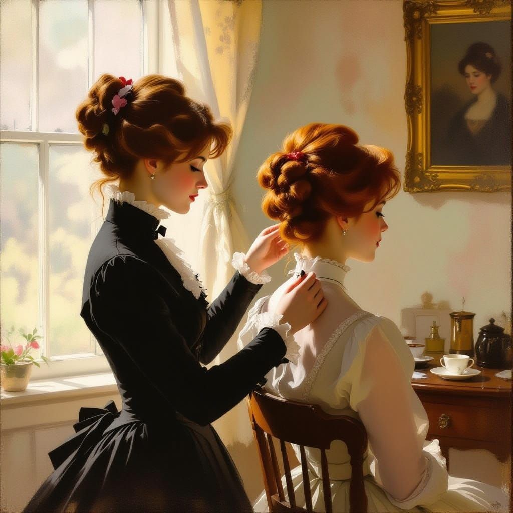 Victorian Women Styling Hair in Sunlit Room