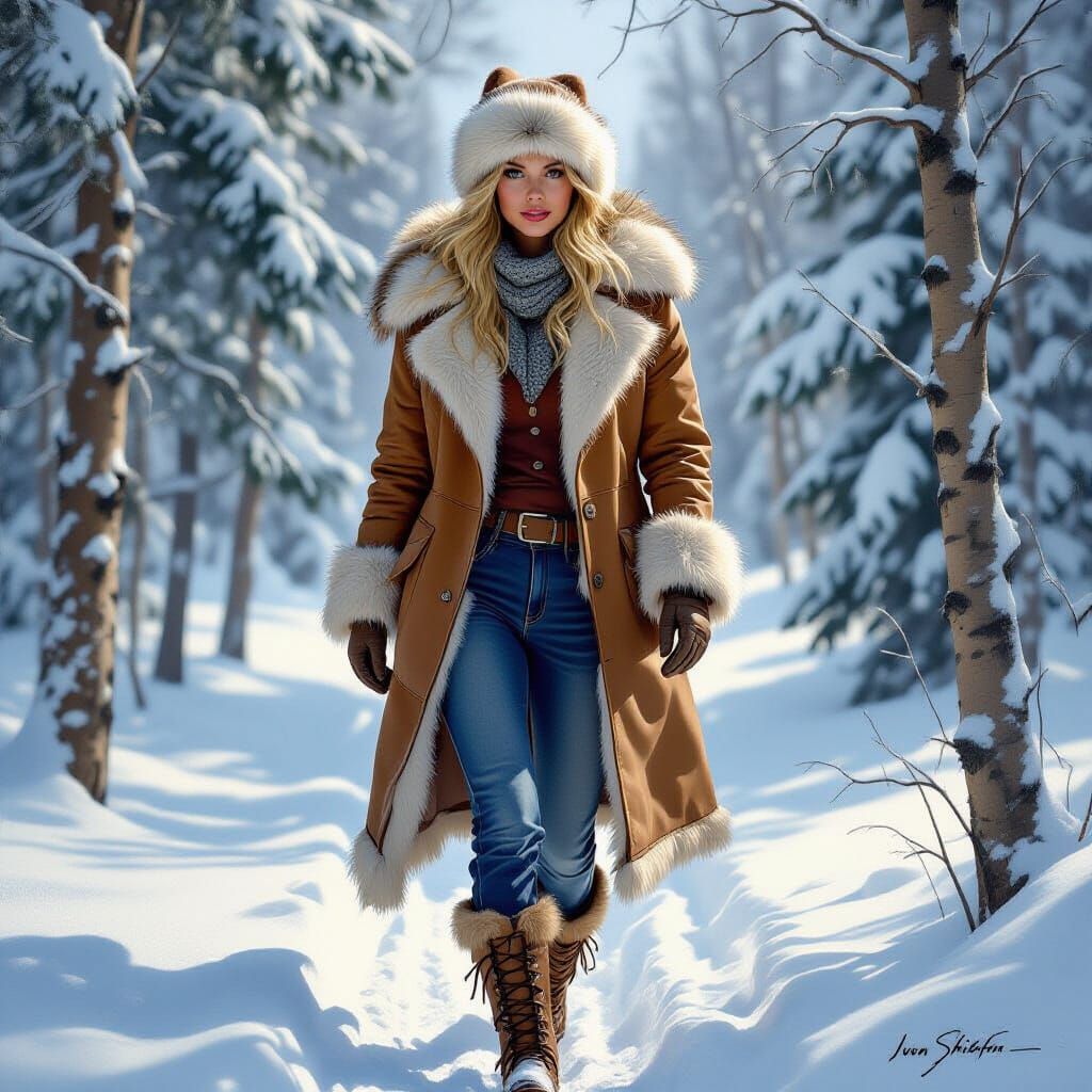 Woman Hiking in Snowy Woods in Realistic Style