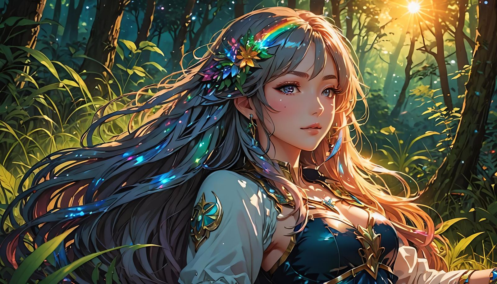 Anime Woman Sunbathing with Rainbow Hair