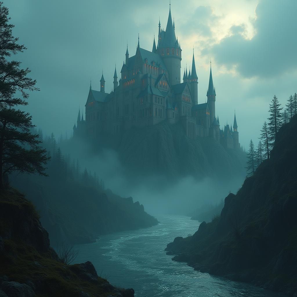 Mystical Gothic Castle Reflected in River, Dark Fantasy Art