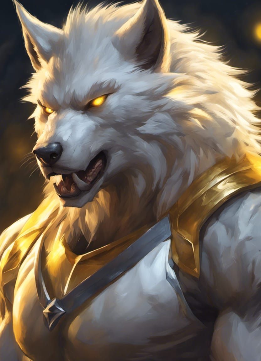 Armored White Werewolf with Golden Aura in Moonlight