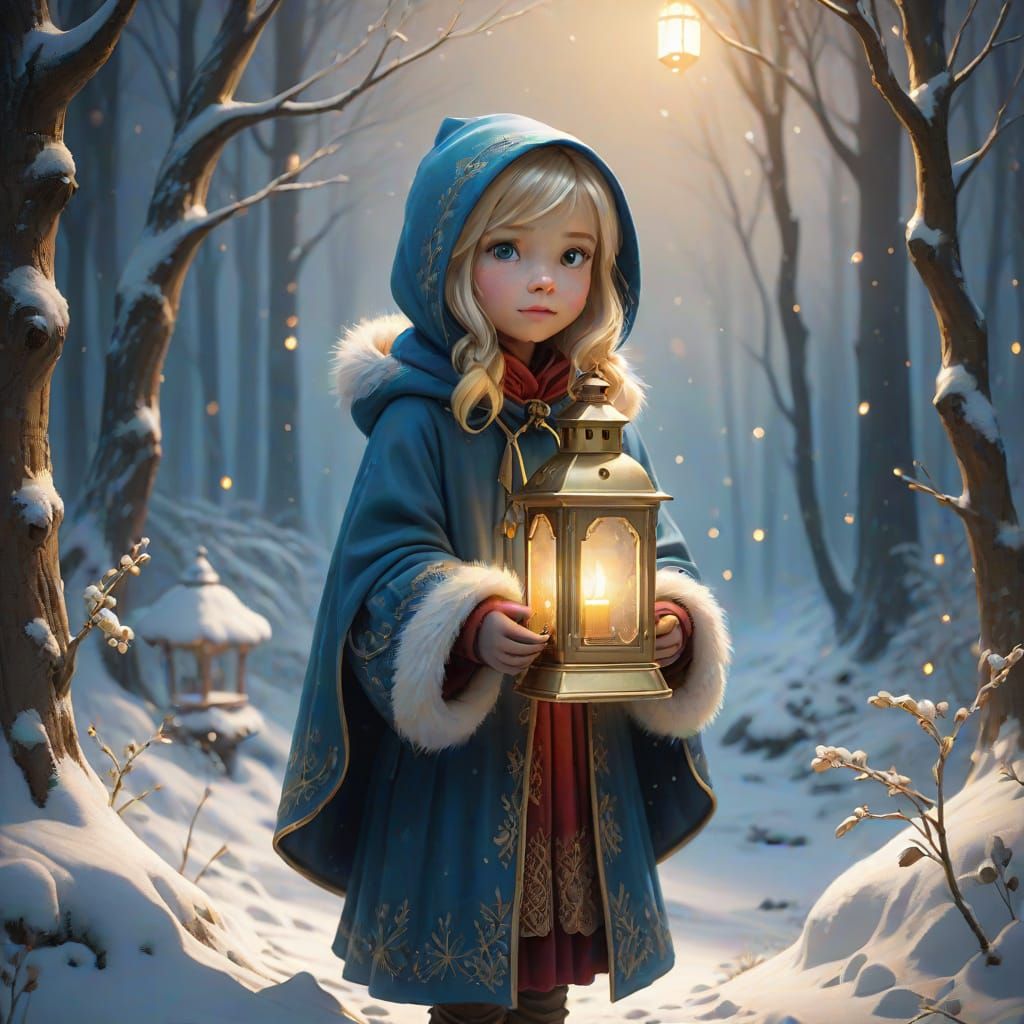 Girl with Lantern in Magical Snowy Forest