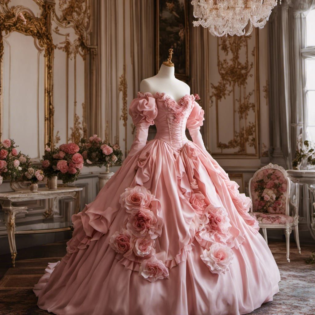 Pink Rococo Dress with Roses and Ruffles