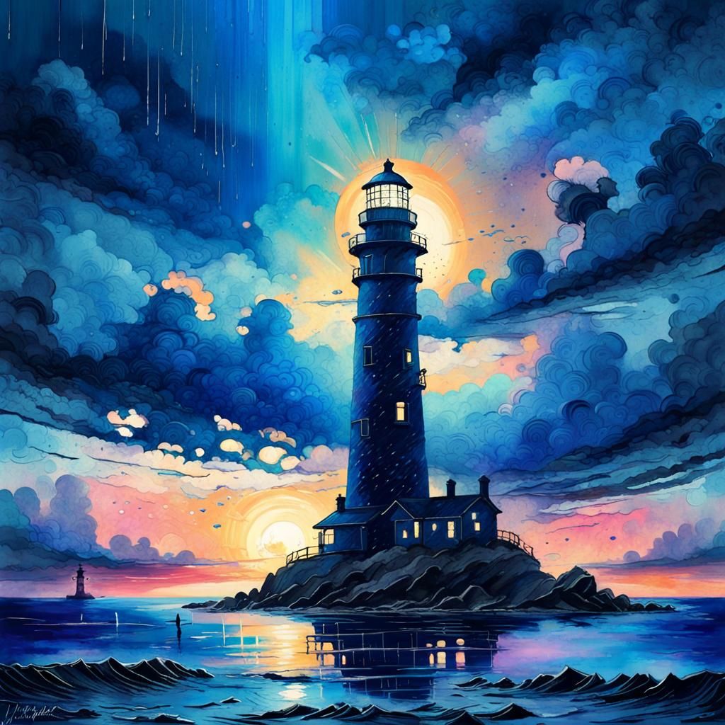Blue Sunset Lighthouse in Cyberpunk Watercolor Style