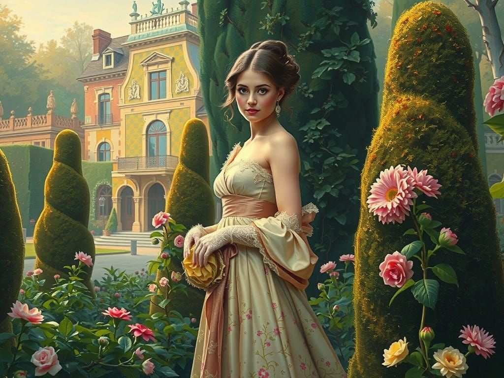 Elegant Woman in Rococo Style Chateau Garden