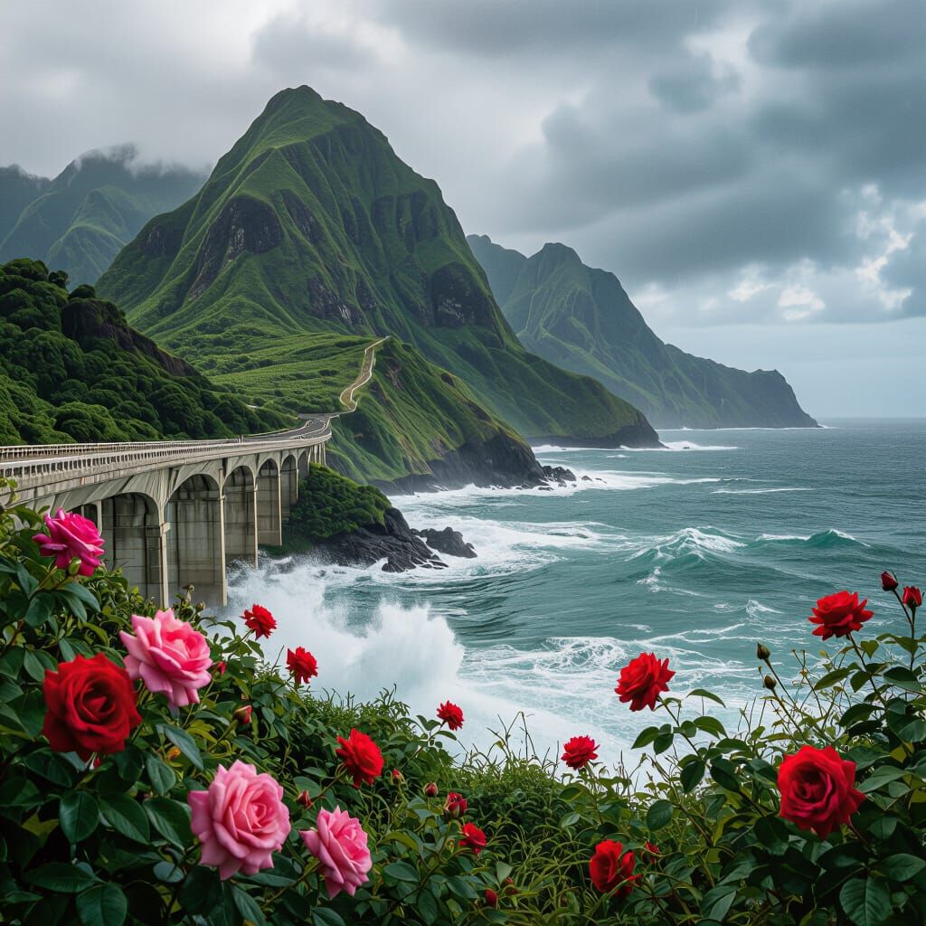 Dramatic Seashore Scene with Bridge in Cinematic Style