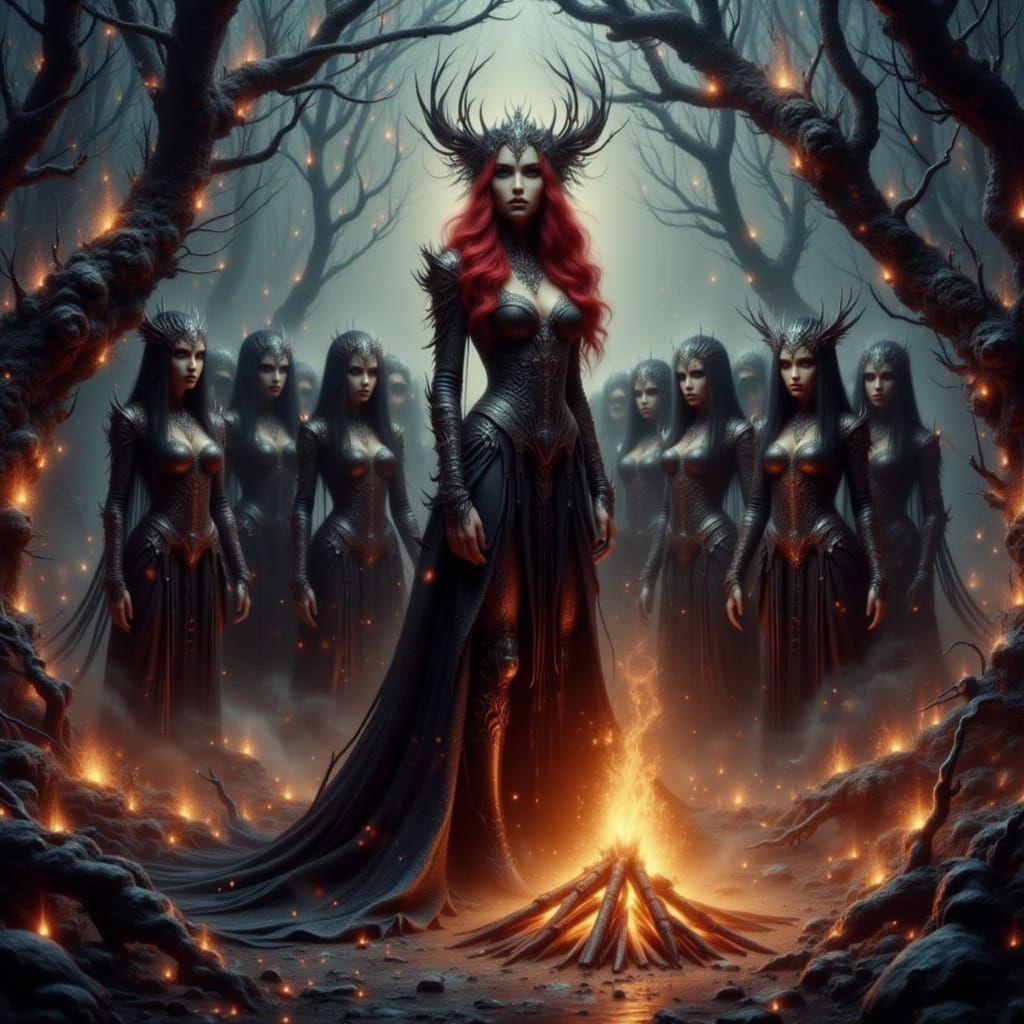 Lilith and Her Coven at Bonfire in Unreal Engine Style