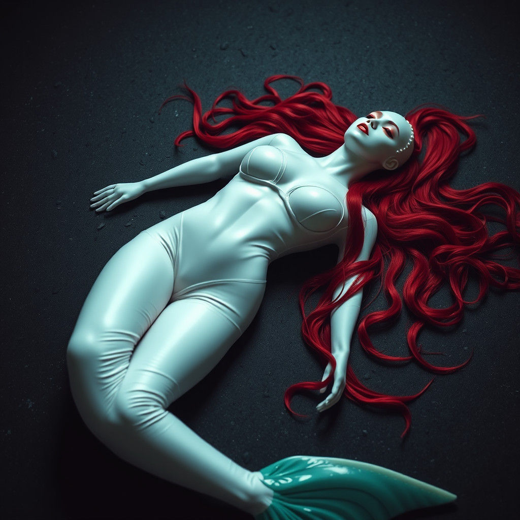 Ethereal Mermaid Suitsuit in Latex, Red Hair and Green Fin