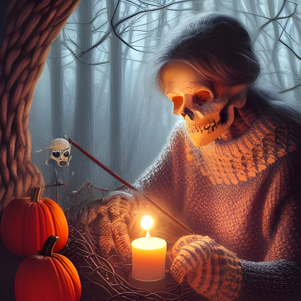 Grandmother Skeleton Knitting a Pumpkin Sweater