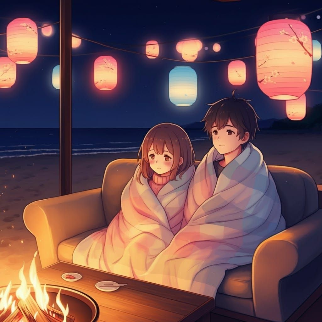 Romantic Beach Cafe at Night in Anime Style