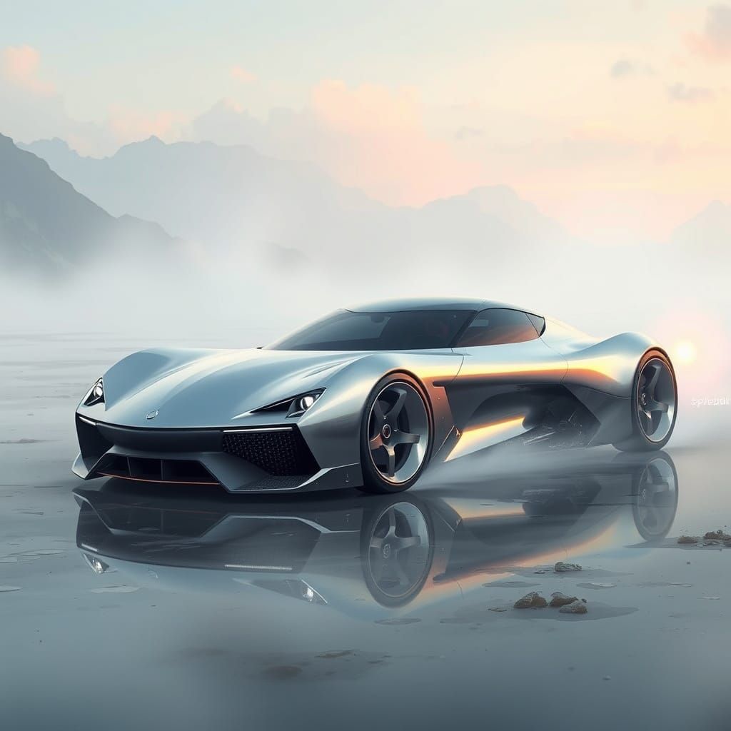 Futuristic Water-Powered Speedster in a Misty Dreamscape