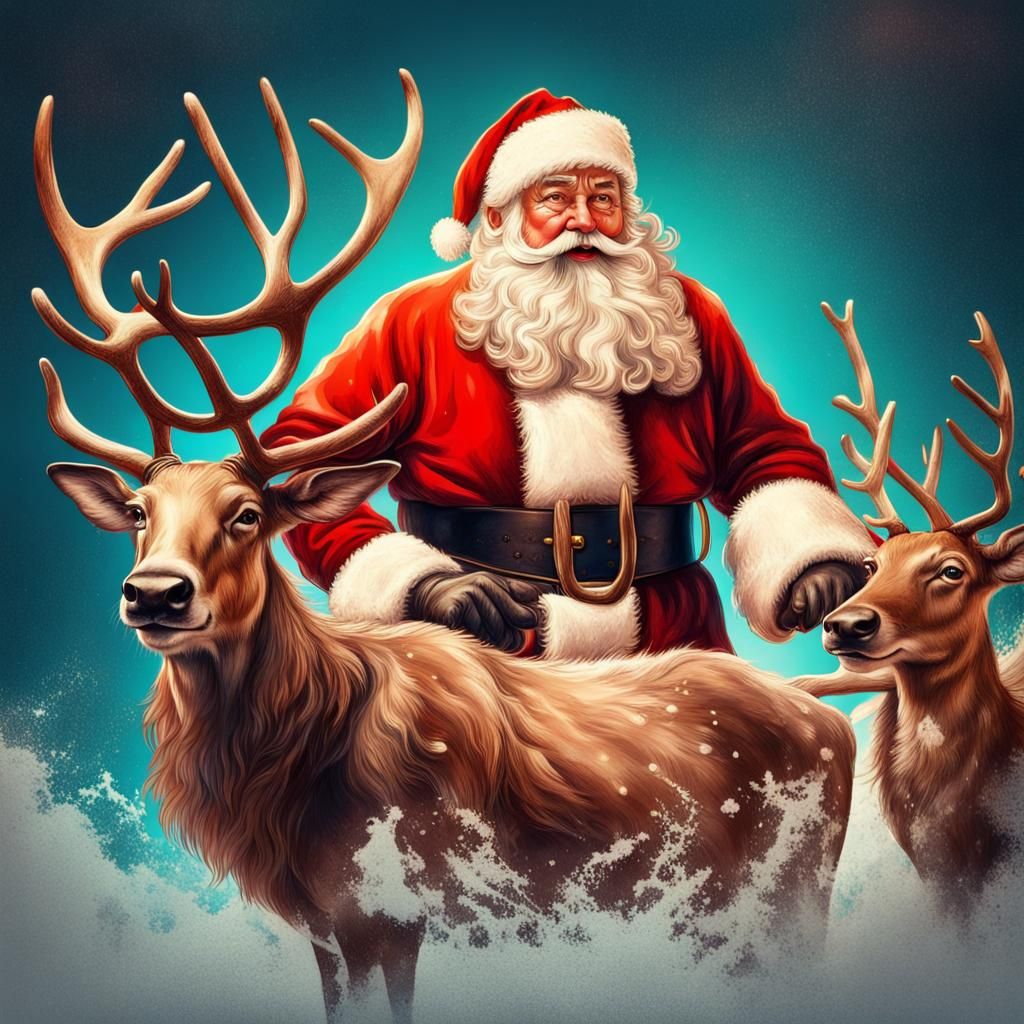 Vintage Santa Claus and Reindeer: Hyperrealistic Splash Art