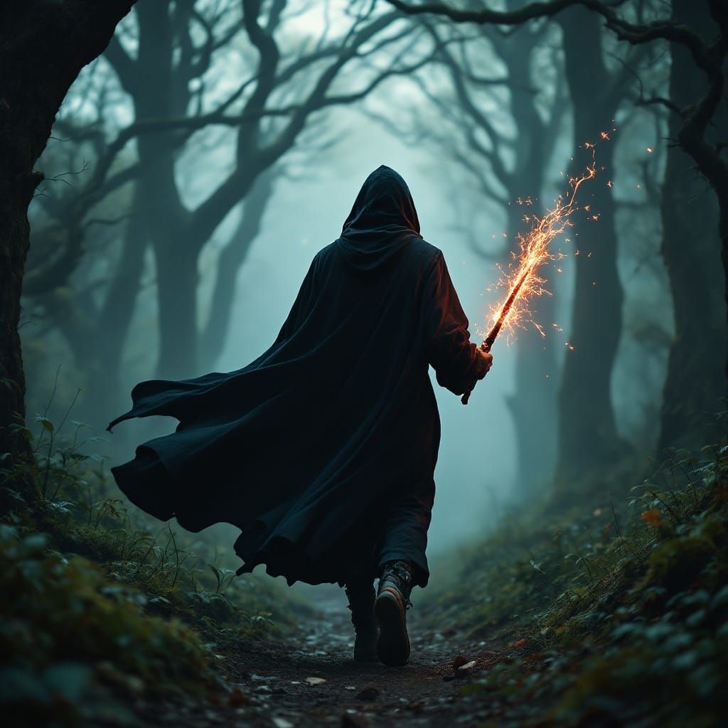 Mystical Wanderer in Forest: Cinematic Film Still