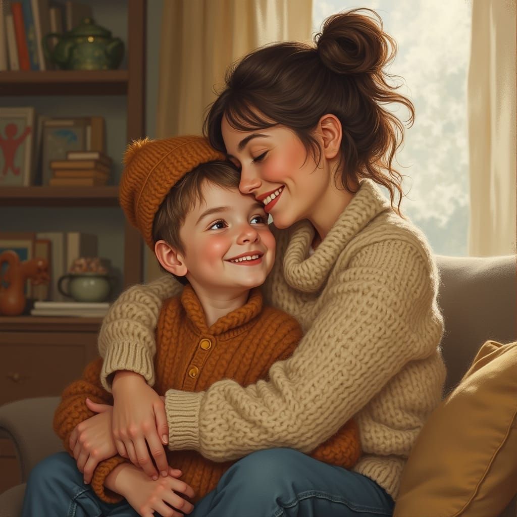 Mother and Son Embrace in Rockwell Style