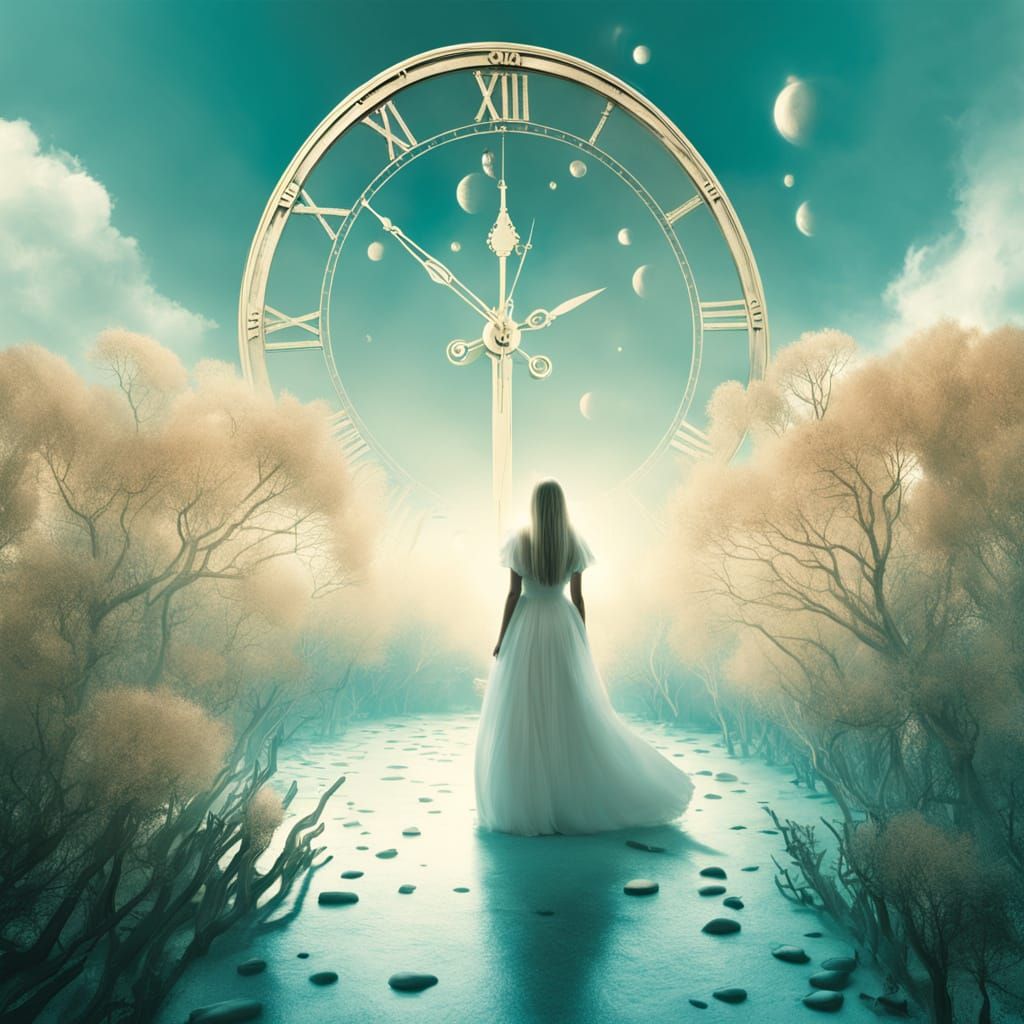 A Woman Stands Amidst a Melting Clockscape in a Dreamlike La...