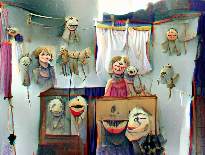 Surreal Horror: Smiling Puppets in Bedroom