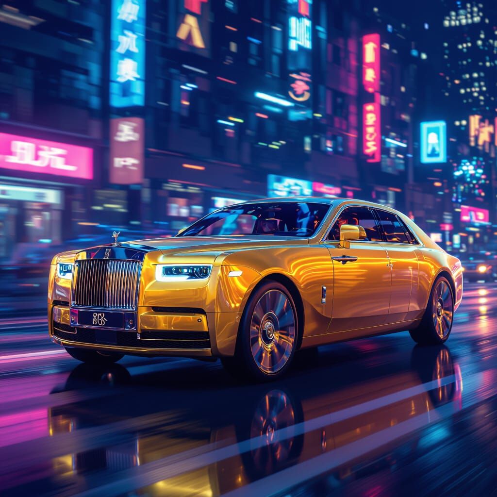 Golden Rolls Royce Cruises Broadway in Matte Painting Style