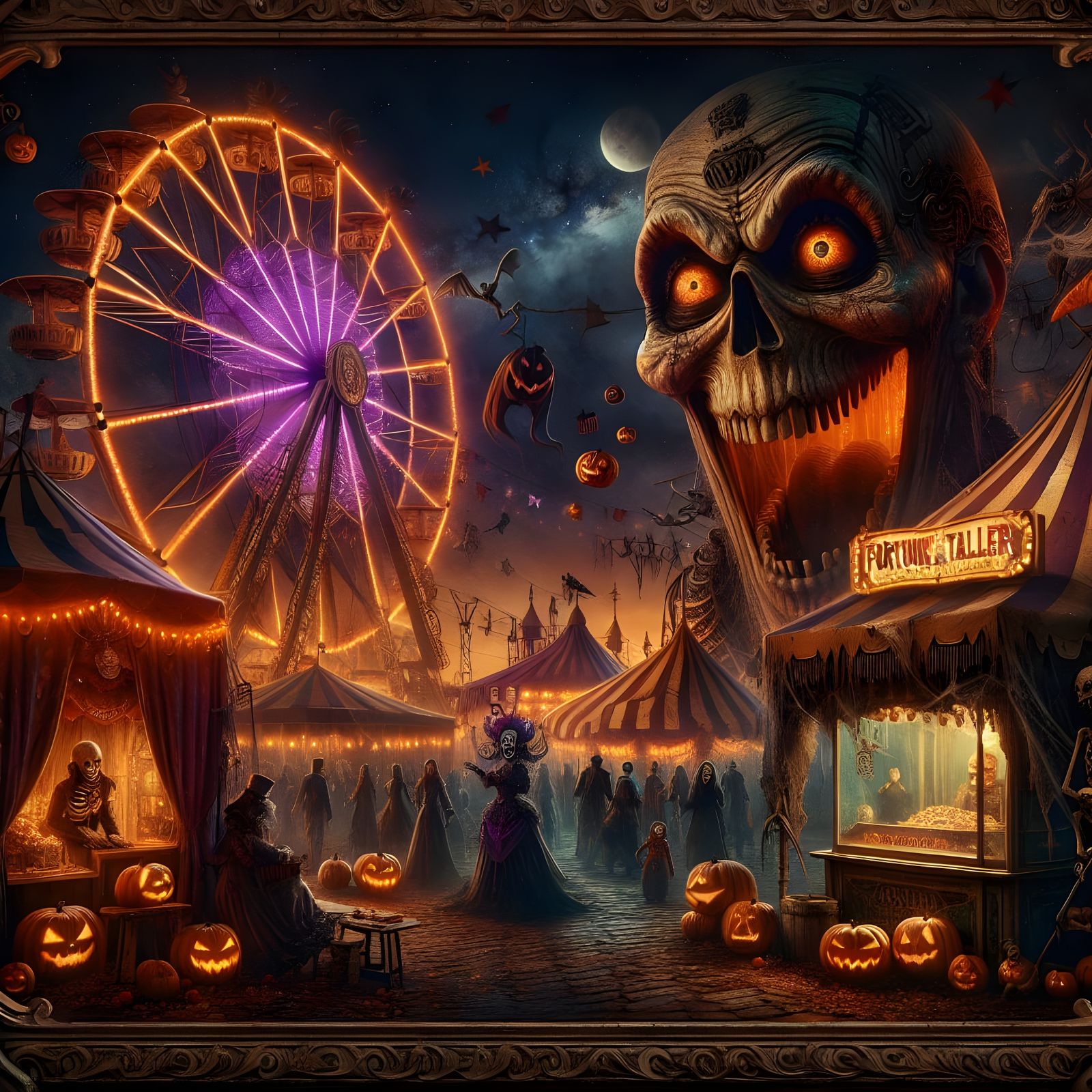 Eerie Antique Halloween Carnival Under Starry Sky