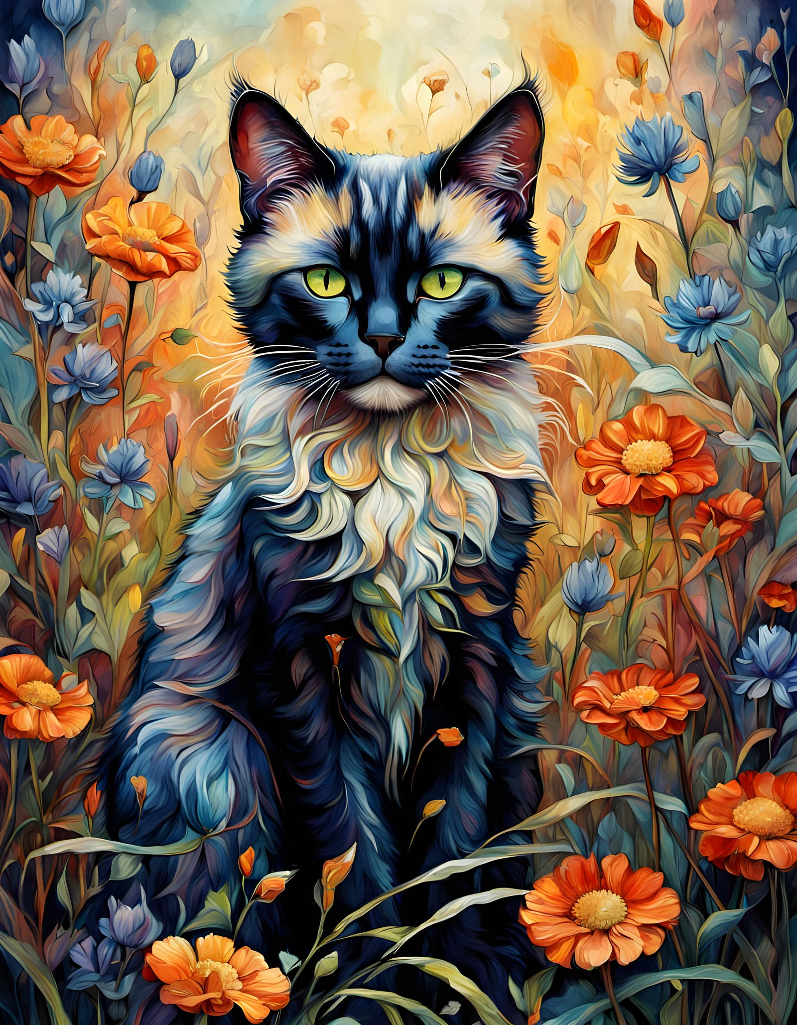 Surreal Art Nouveau Cat in Vibrant Wildflower Meadow