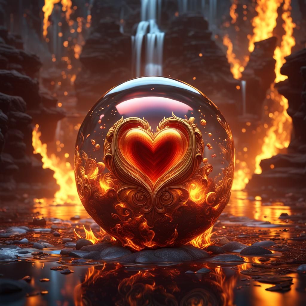 Hearts in Flames with Golden Liquid, 3D Art