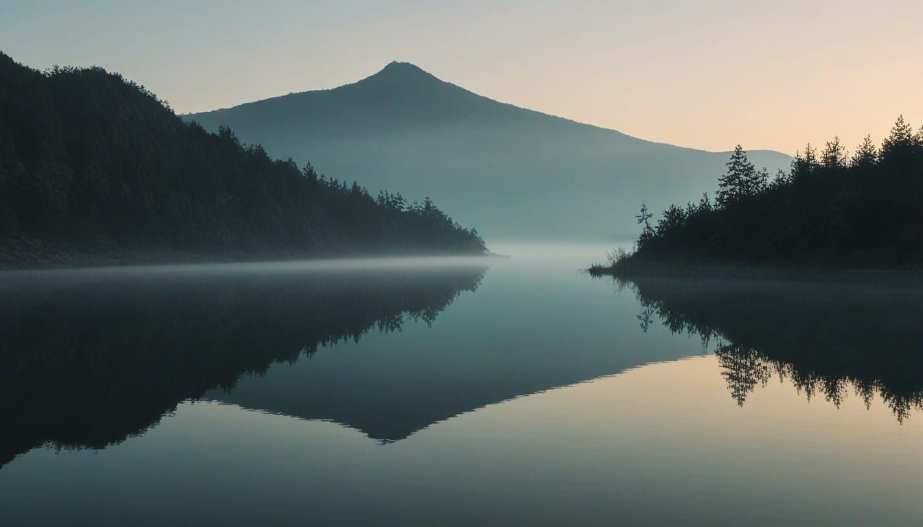 Minimalist Misty Morning Landscape in Teal and Gold