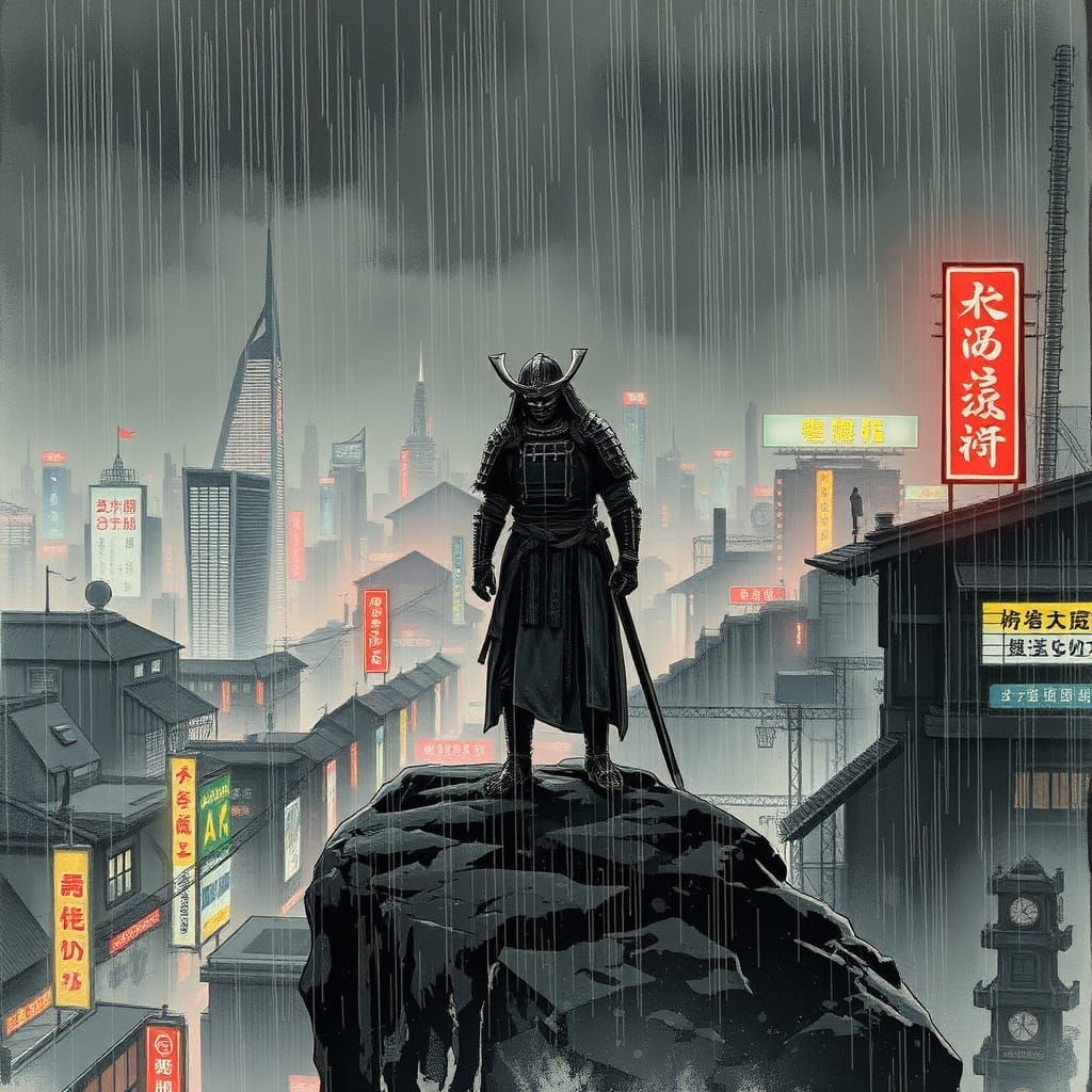 Samurai Warrior in Cyberpunk City, Japanese Ink Wash Style
