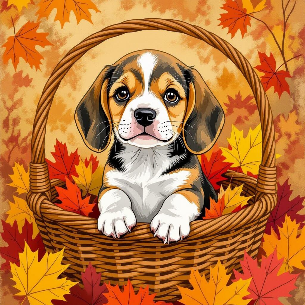 Beagle Puppy in Autumn Basket, Storybook Illustration