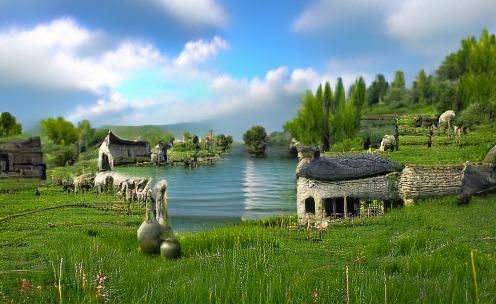 Ancient Fantasy Lakeside Farm in 3D