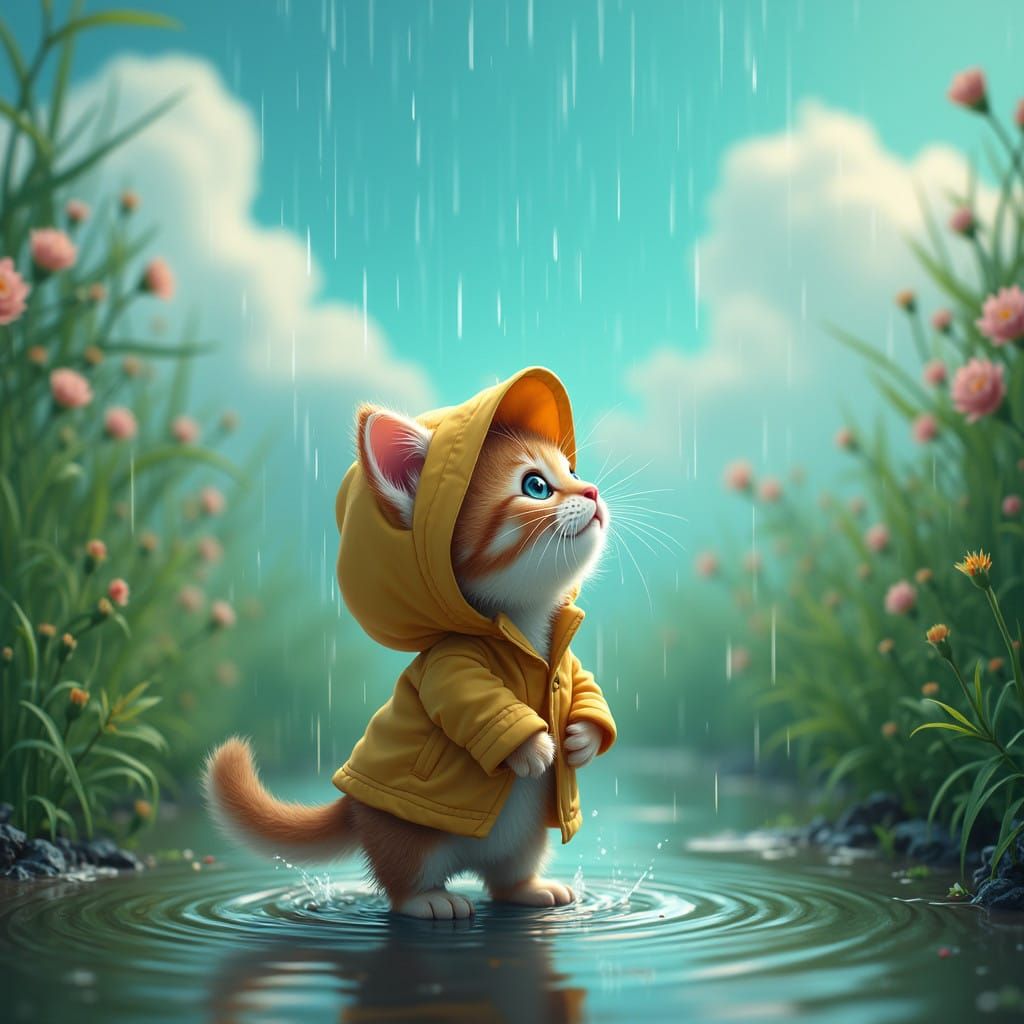 Whimsical Cat in Emerald Garden, Standing in a Puddle, Gazin...