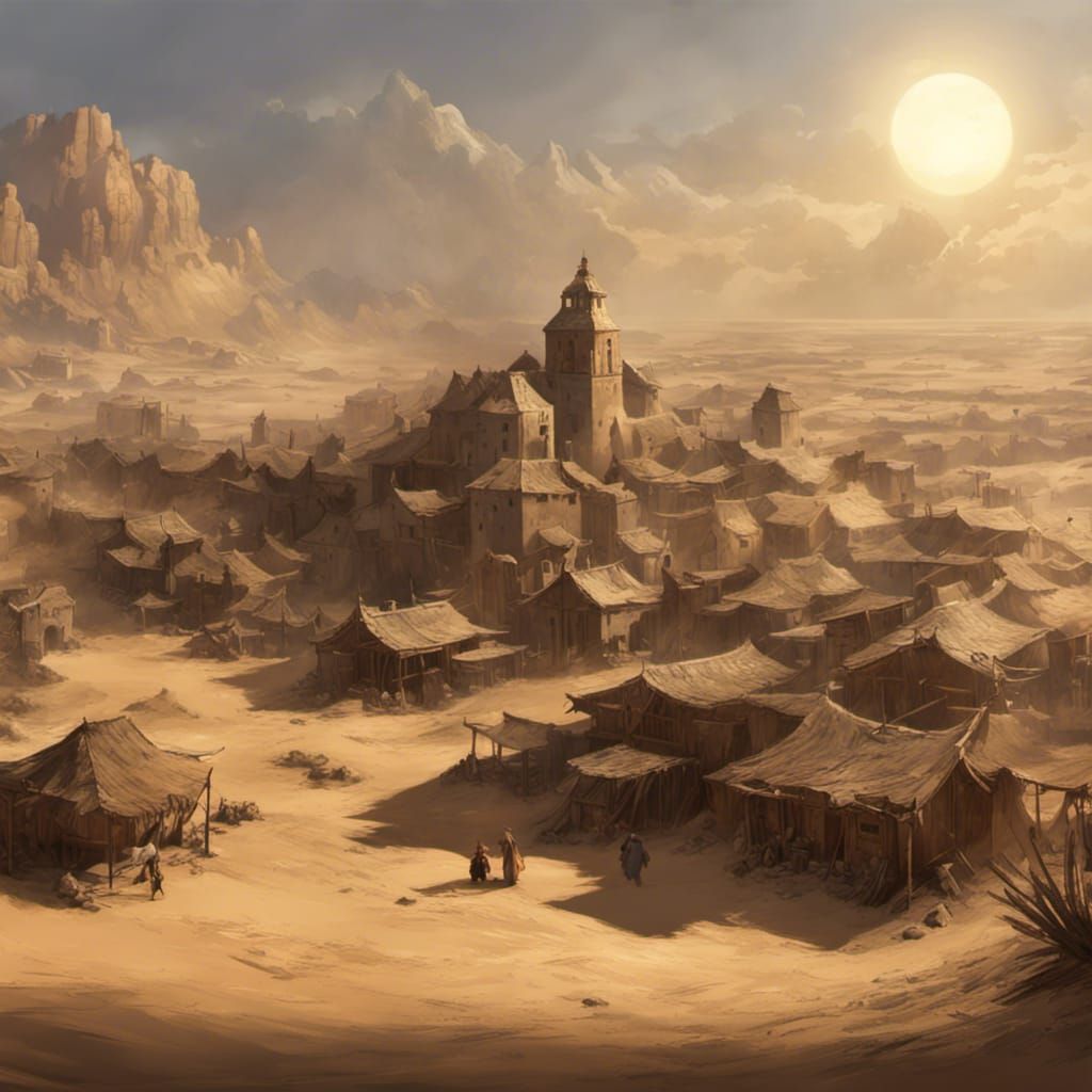 Desert Village Sandstorm: Dark Fantasy Concept Art