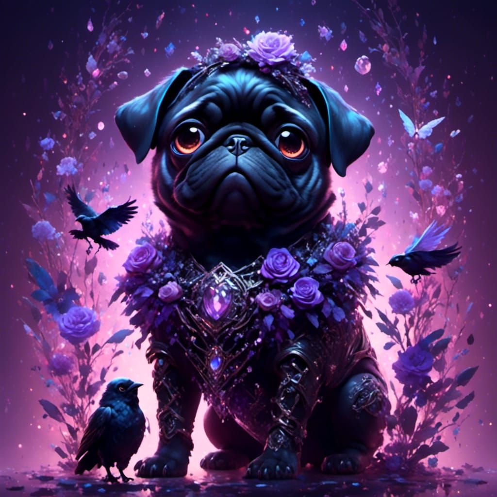 Cute Purple Pug with Raven in Pastel Style