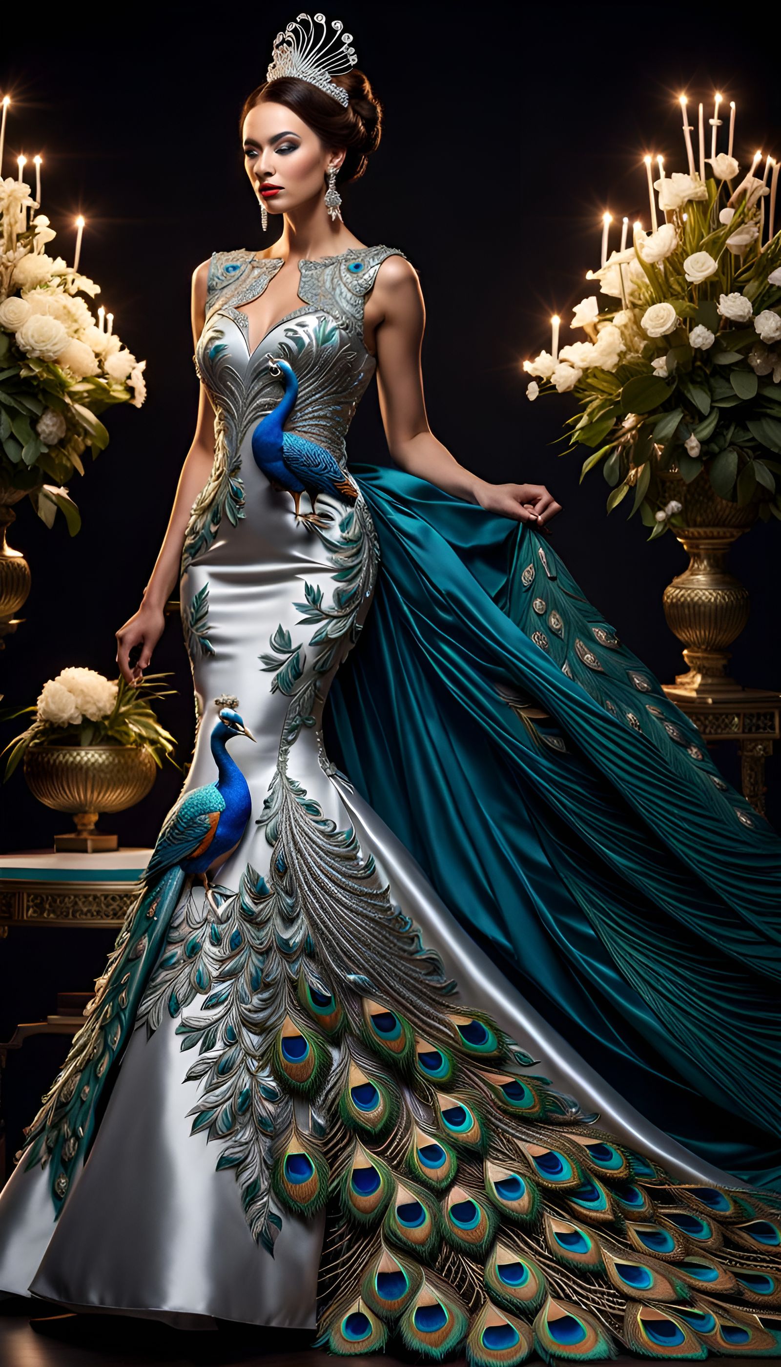 Full Length Embroidered Evening Gown, Peacock Design #3