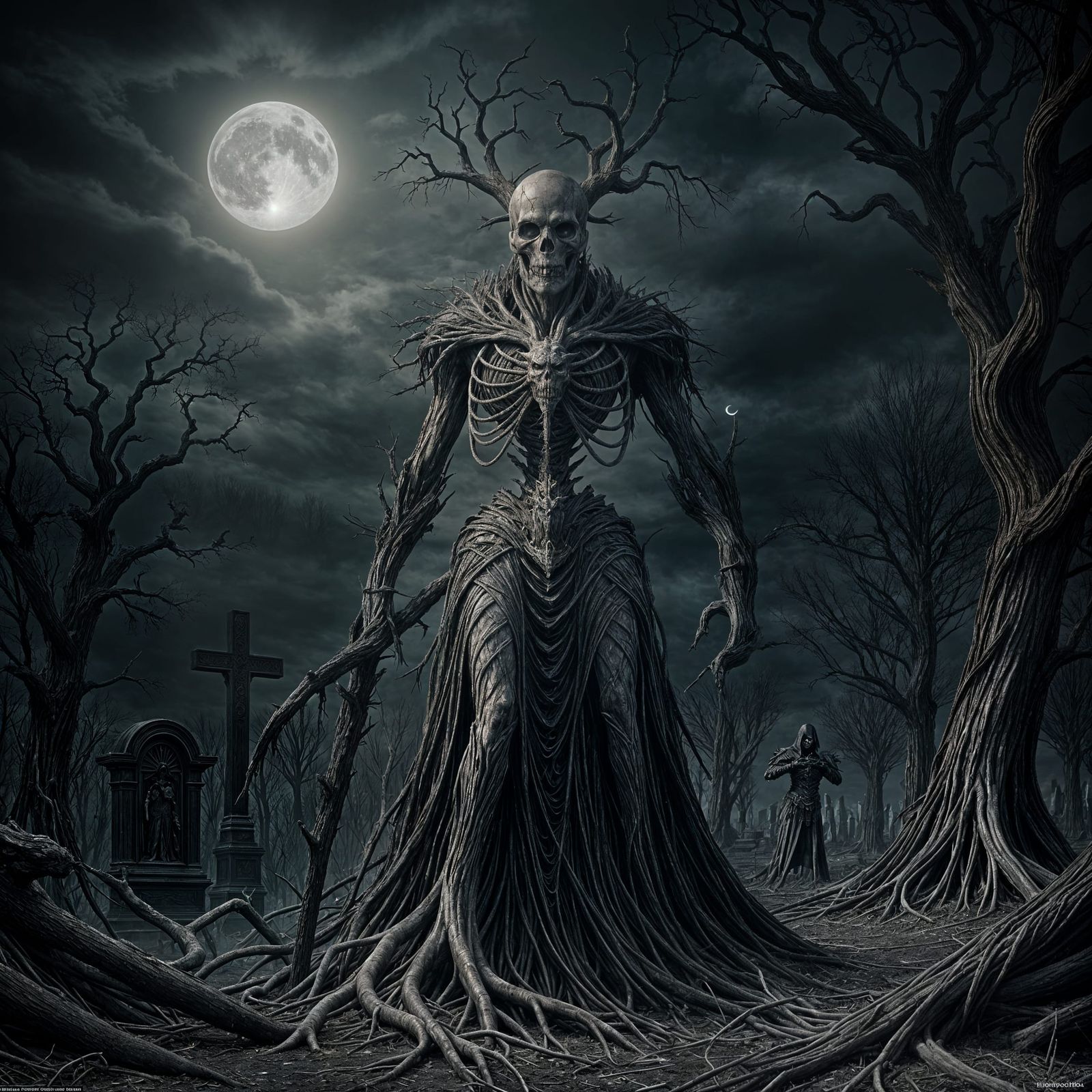 Dark Fantasy Concept Art: Shadowy Figure Guards Moonlit Grav...