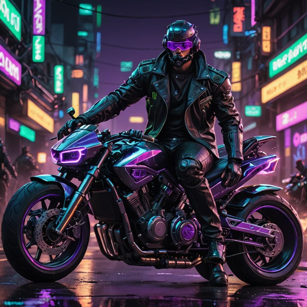 Wizard Rides Cyberpunk Motorcycle in Neon City