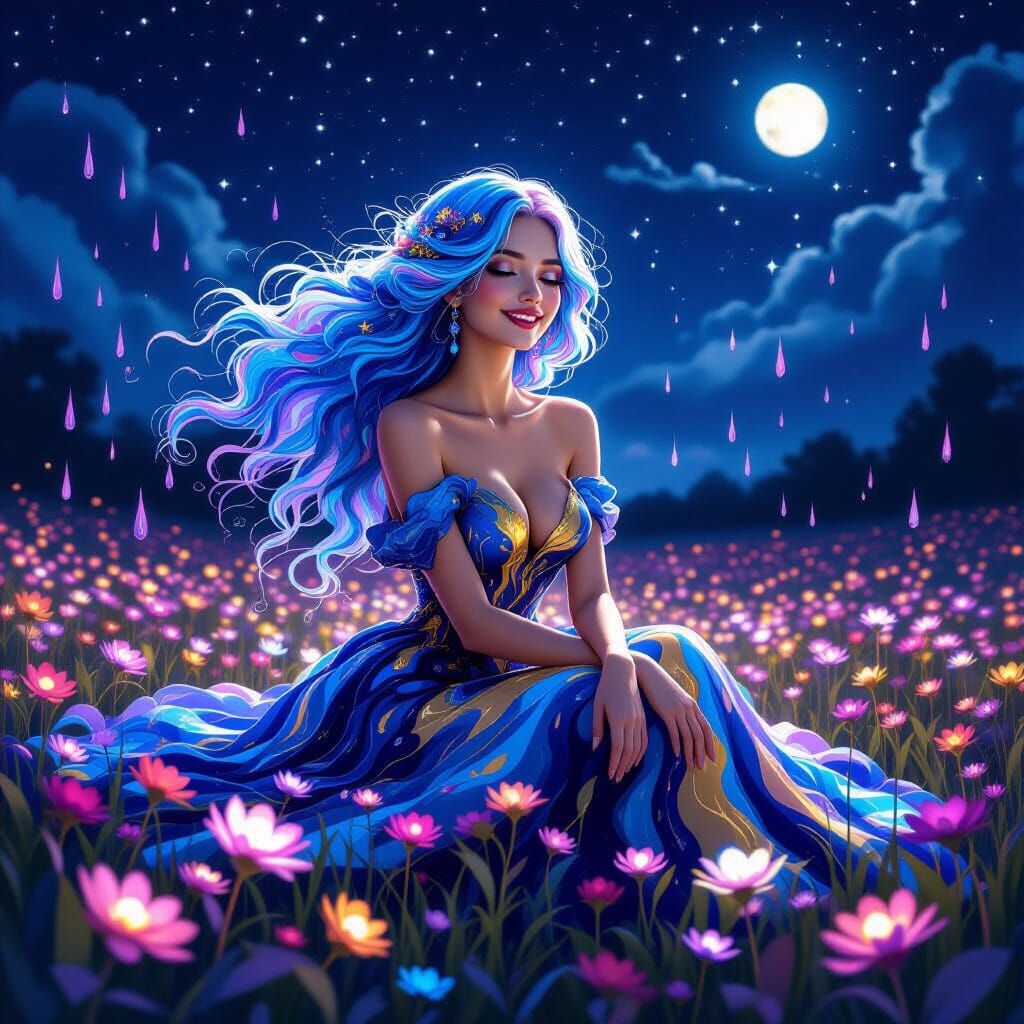 Ethereal Ink-Haired Woman in Bioluminescent Field, Art Nouve...