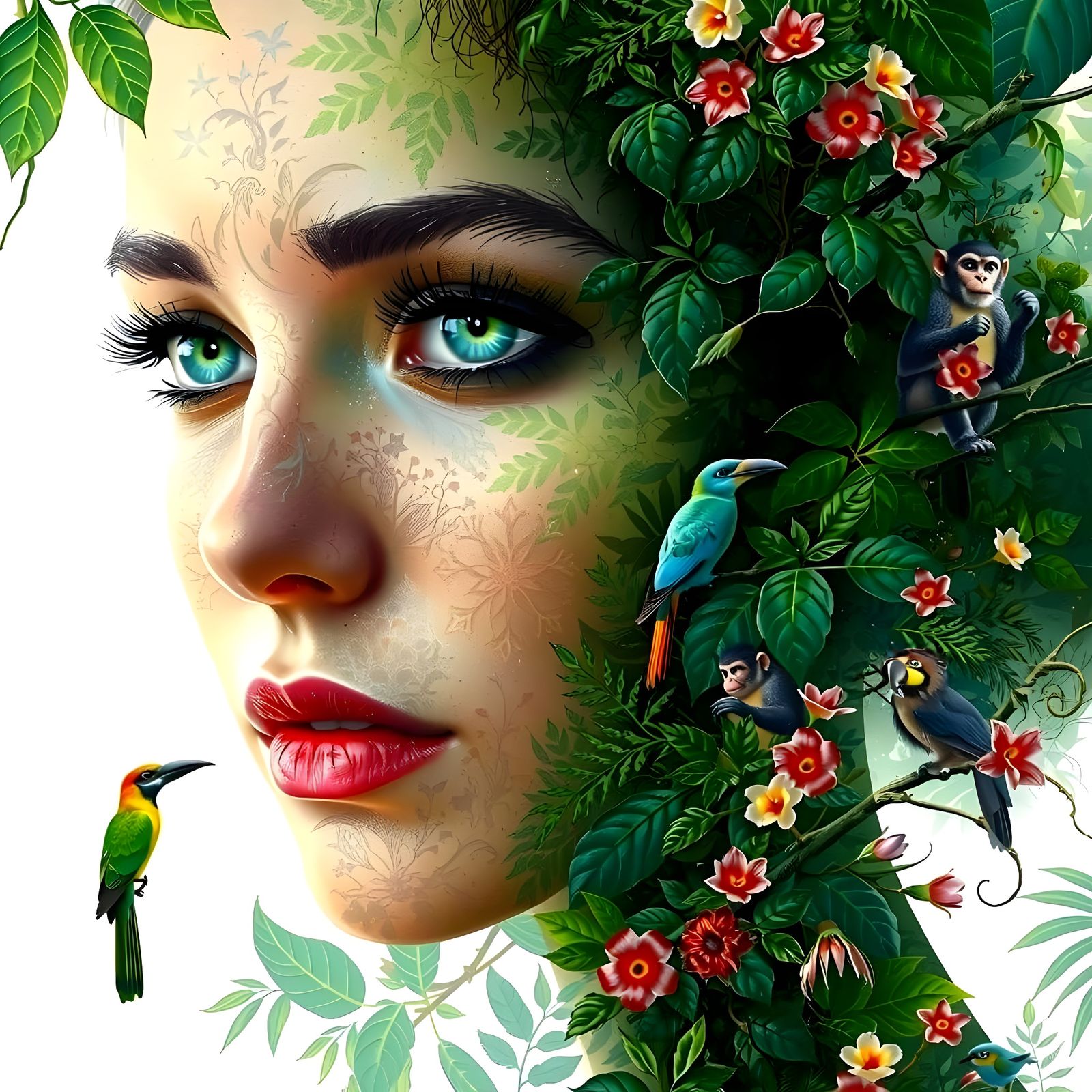Serenely Harmonious Jungle Portrait in Whimsical Hyperrealis...