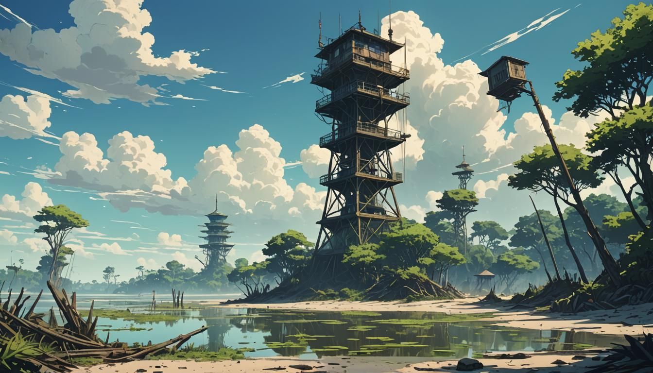 Air Tower on Swamp Beach in Anime Style