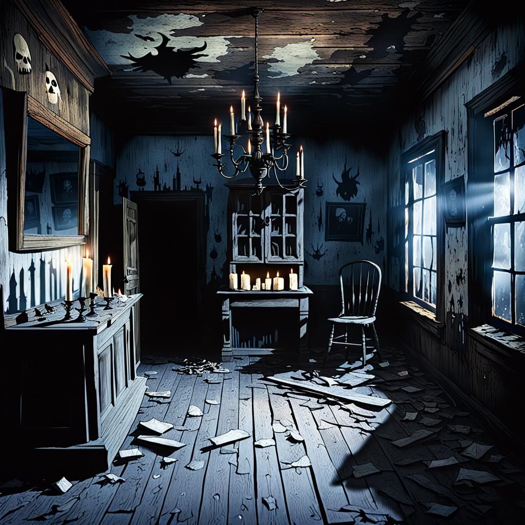 Eerie Haunted House Interior with Ghostly Apparitions